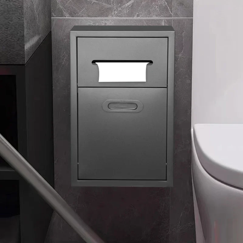 

Stainless steel wall-mounted storage cabinet, shelf, surface-mounted toilet, toilet, trash can next to toilet, tissue holder