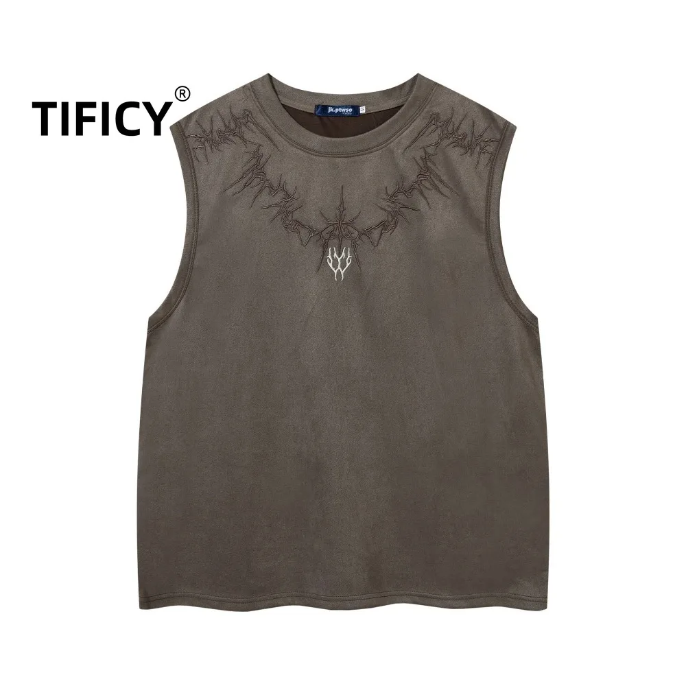

High Street Tees Suede Embroidered Tanks Men's Street Loose Casual Top Sleeveless Streetwear Tank Tops