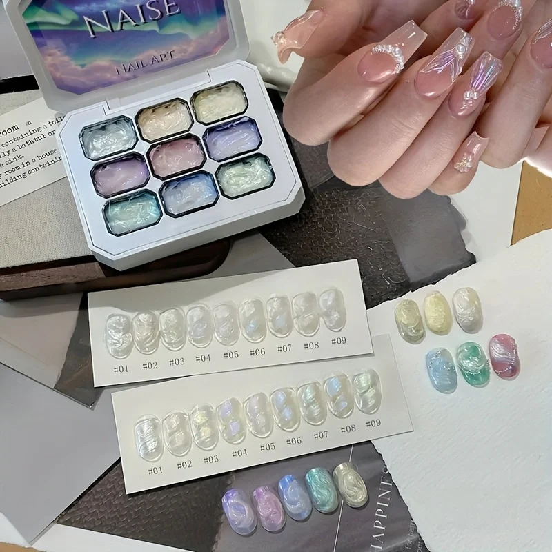 Multi-color Aurora Gel Nail Polish Set, 9 Different Dreamy Texture Nail Paints Aurora Holographic Gradient Color Super Shiny Pop