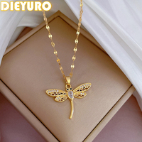 DIEYURO 316L Stainless Steel Classic Shiny Cute Zircon Dragonfly Pendant  Necklac New For Women Trend Neck Jewelry Holiday Gift