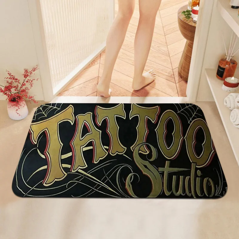 VIKAMA Vintage Tattoo Text Mat Non Slip Soft Absorbent Washable Floor Mat Bathroom Tattoo Shop Retro Gothic Carpet Home Decor