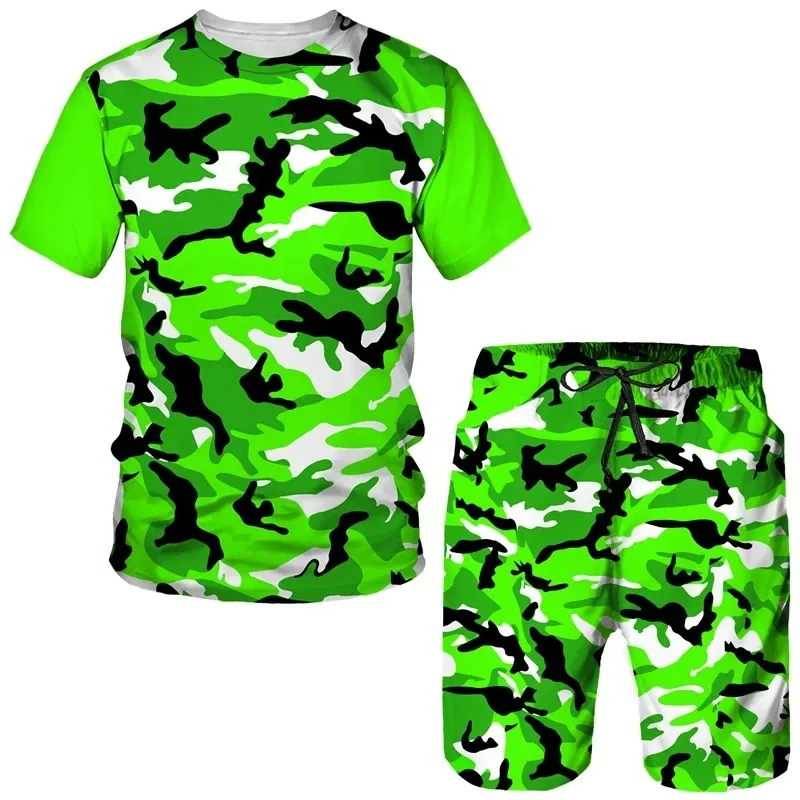 2025 3D Camouflage Printed Casual Round Neck Sports Suit Summer Men's Short Sleeved Shorts Clothing Street T-shirt Two-piece Set