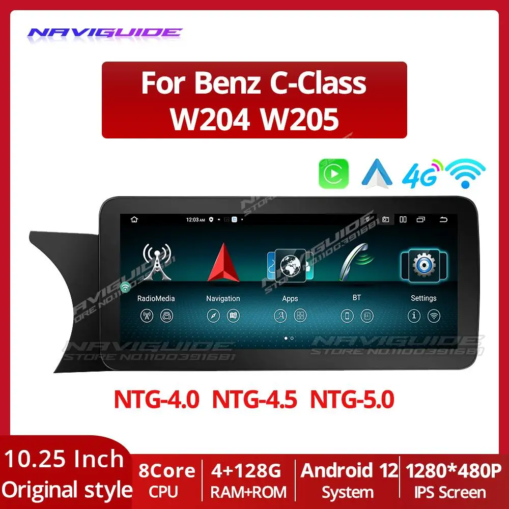 

NAVIGUIDE 10.25'' 4+128G Android 12 Car Radio For Mercedes C GLC W204 W205 WiFi Carplay BT Google Touch Screen Multimedia Player