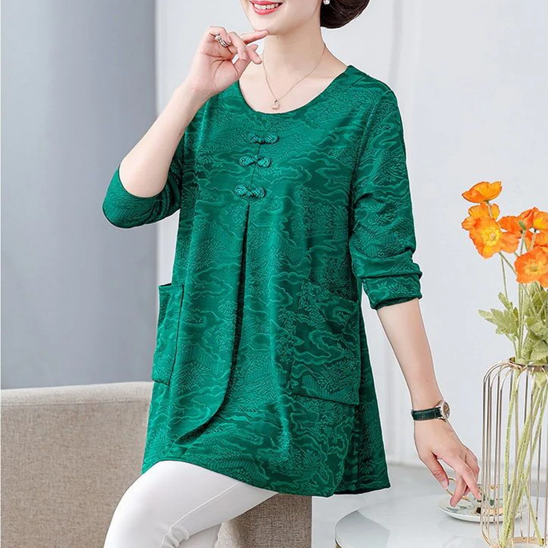 Middle Aged Women Chinese Style 3D Textured Vintage Elegant T Shirt Spring Autumn Fashion O Neck Long Sleeve Pullover Tunic Tops