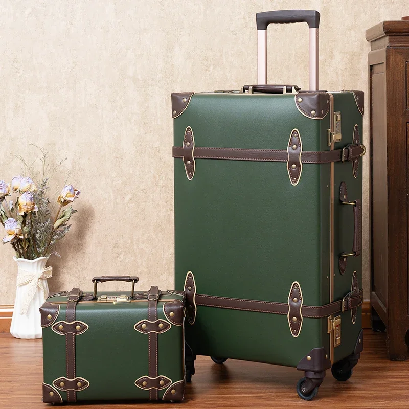 Classic Retro Suitcase 20/24/26 Inch PP+PC Travel Luggage Large Capacity Handmade Leather Suitcase Travel Set with Makeup Case