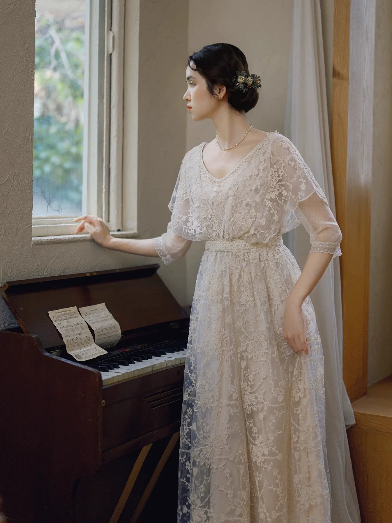 

84-96cm Bust Spring Summer Women Edwardian Girl Vintage French Tea Party Embroidered Lace Lightweight Bridal Dresses