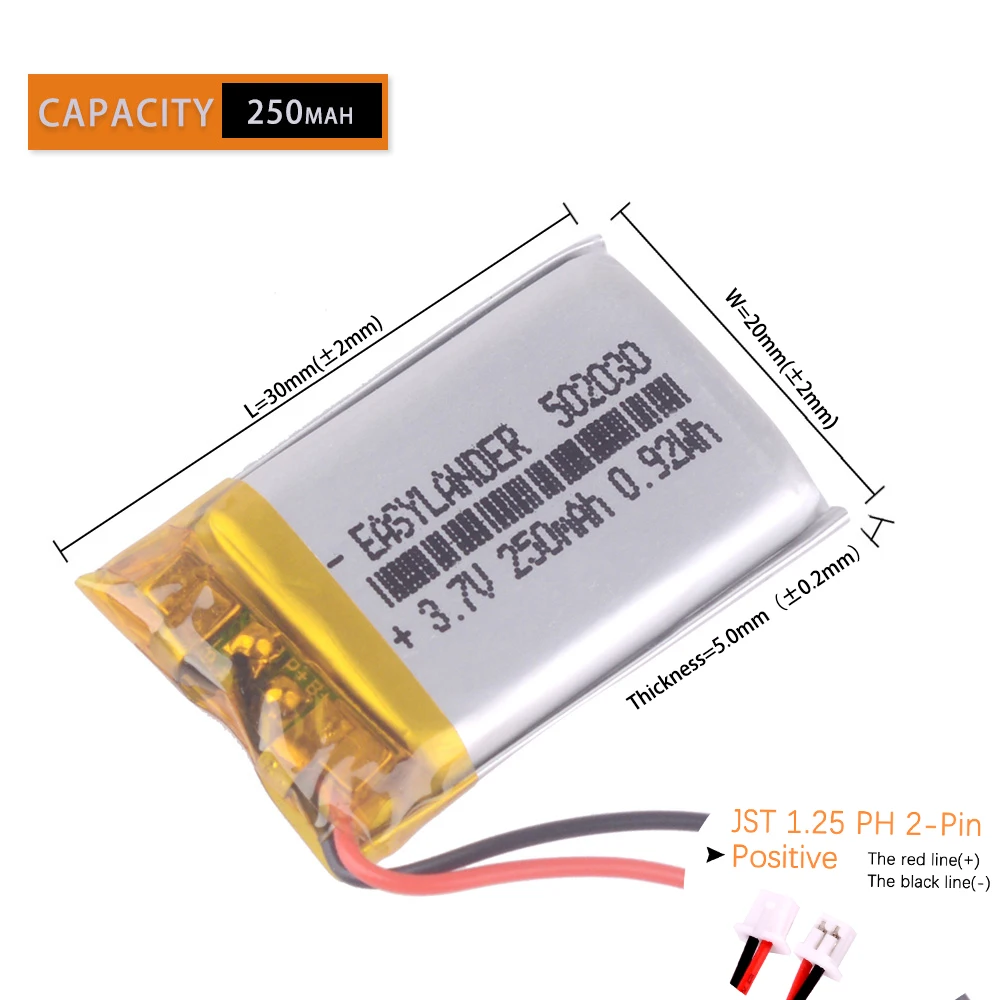 10pcs /Lot  JST1.25 2P  302030 402030 502030 602030 702030 802030 902030 102030 Li-Polymer Li-ion Battery Lipo