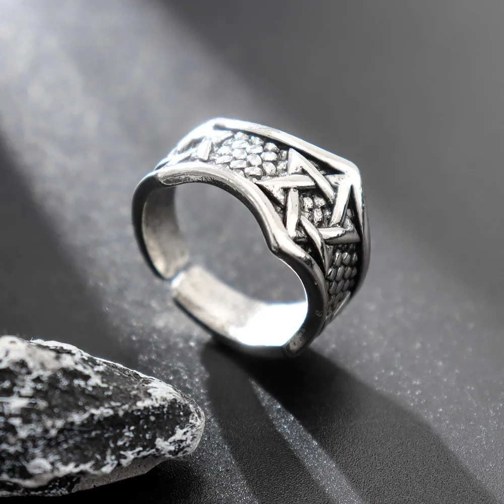 Vintage Six Point Star Woven Men's Open Ring Fashion Creative Senior Punk Hip Hop Party Personalized Jewelry Accessories Gift image 3