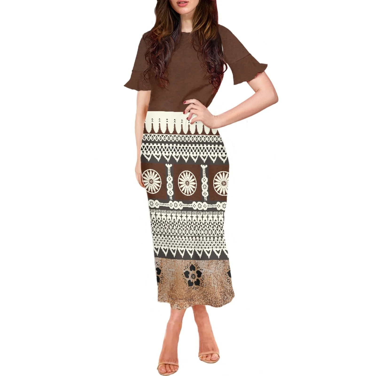 Polynesian Tribal Samoan Totem Tattoo Samoa Prints Women Elegant Sexy Dress Summer Fashion Lotus Leaf Short Sleeve Slim Party