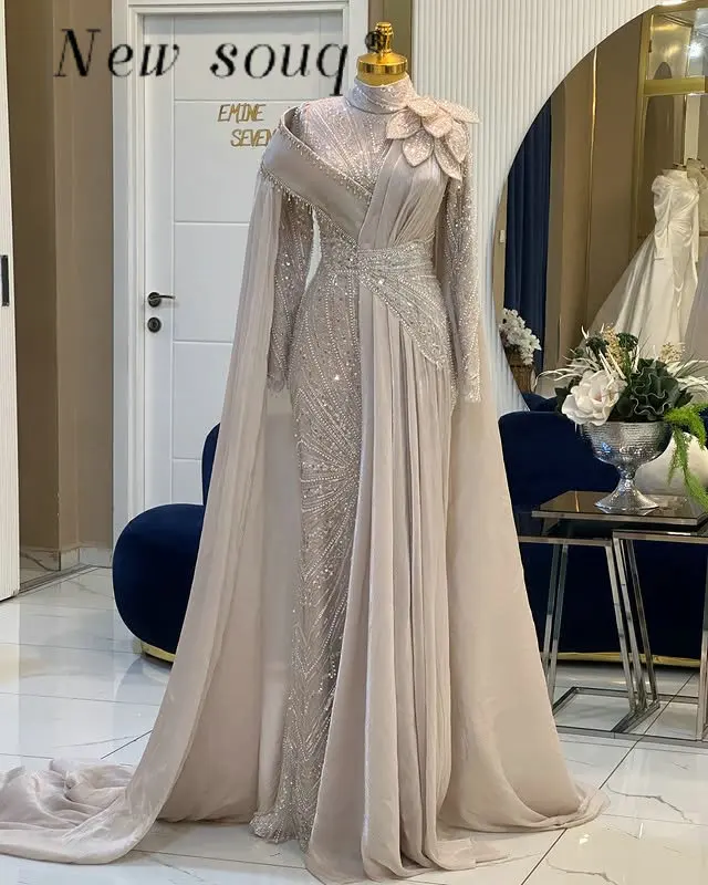 

Bright Khaki Modest Muslim Long Sleeves Evening Dresses Customized Middle East Arabic Maxi Wedding Reception Night Party Gowns