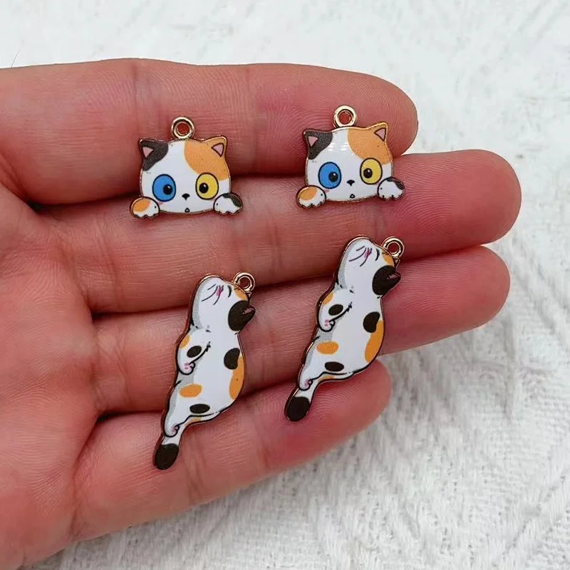 10PCs Cartoon Enamel Cat Charms Animal Cartoon Pendants Gold Color Metal DIY Bracelets Necklace Jewelry Making