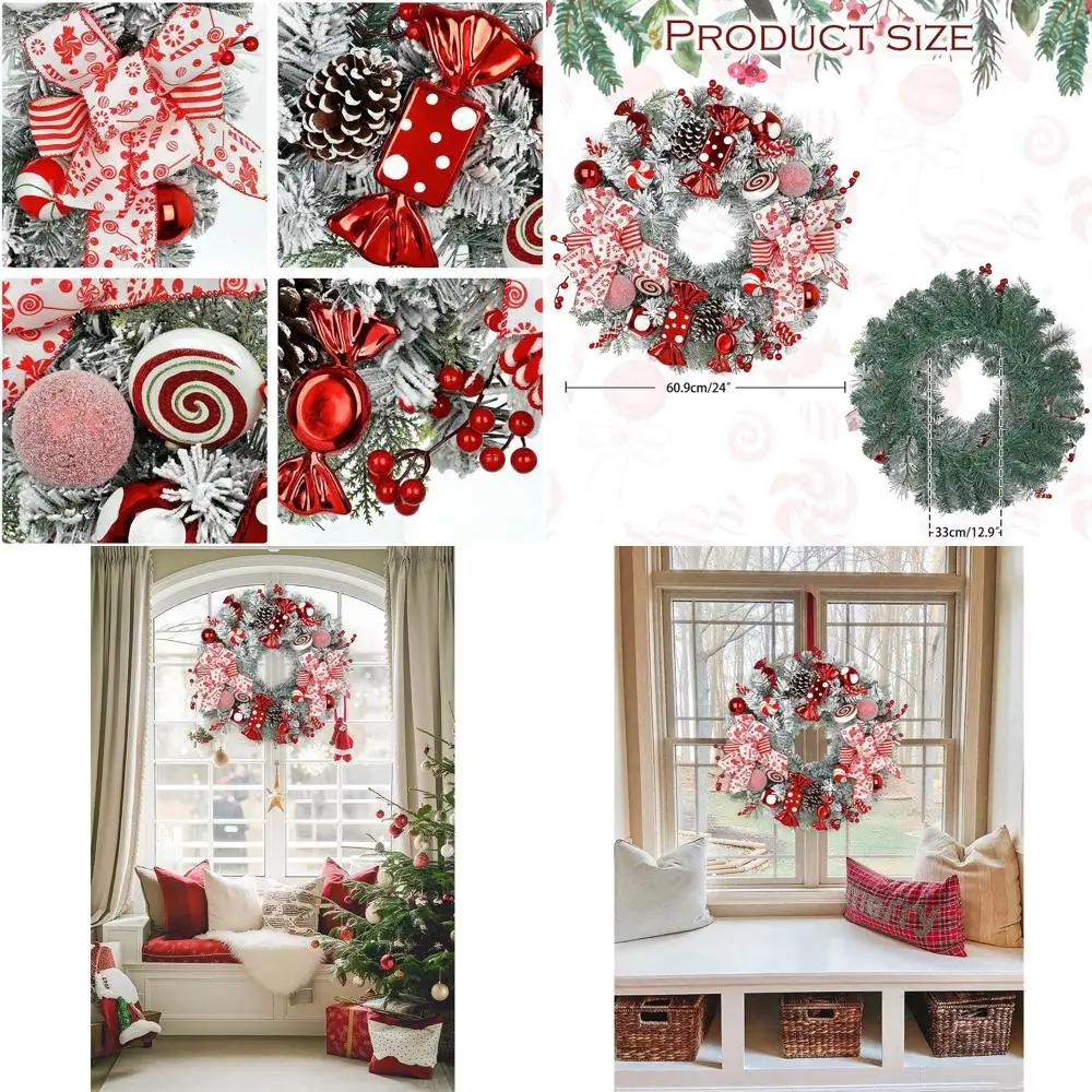 

24 Christmas Wreath with Red Candy, Double Bows, Pine Cones & Ornaments on White Cedar Base for Holiday Door and Wall Decor