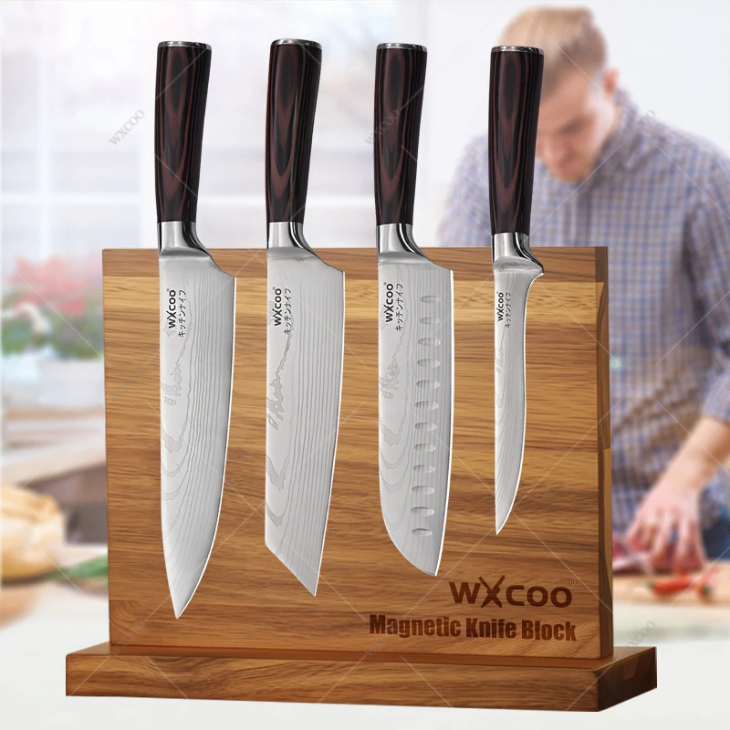 WXCOO Набор японских ножей шеф-повара 7Cr17Mov Сталь Santoku для обвалки мяса, рыбы, фруктов, нож, кухонный нож, магнитный держатель блока ножей