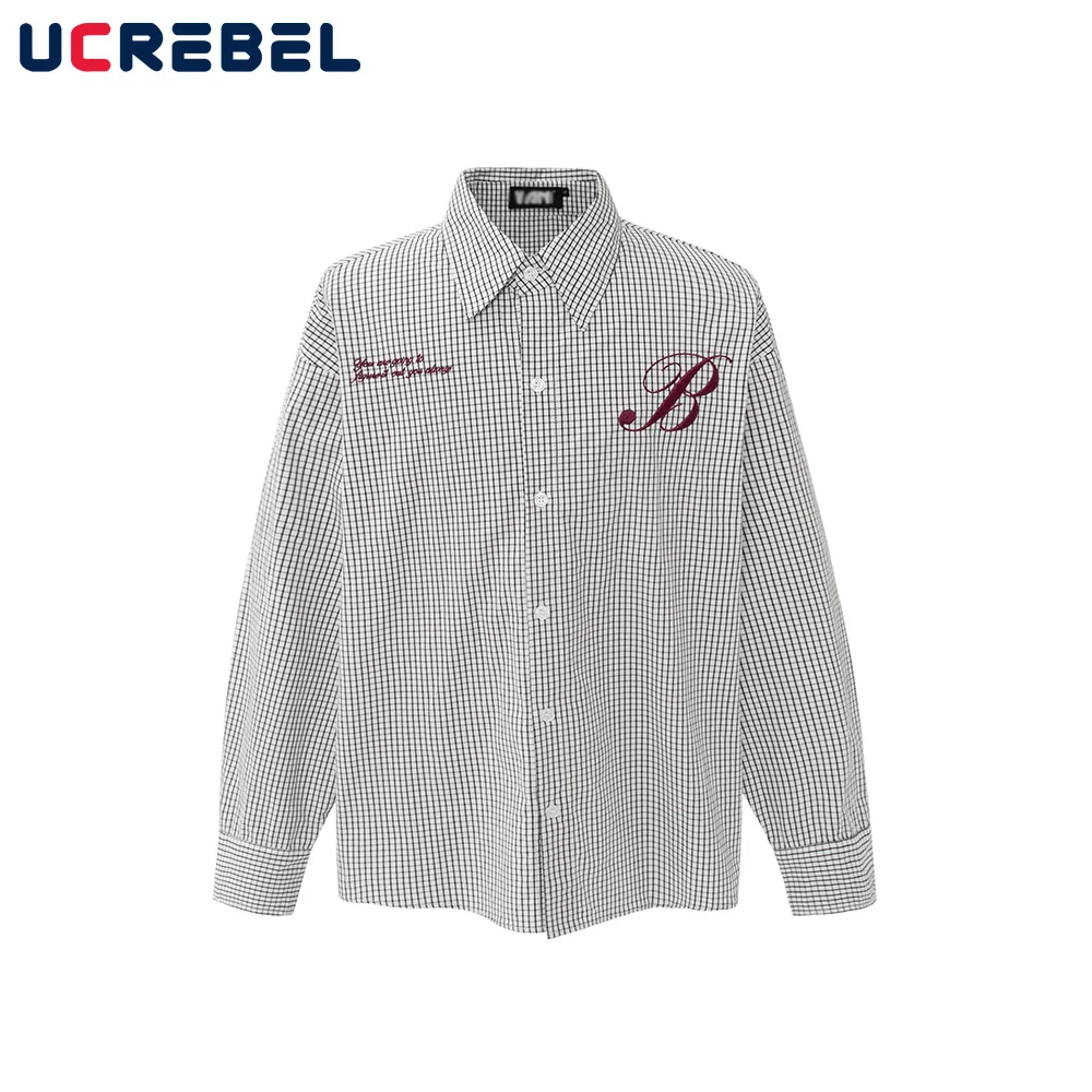 

Маленькие клетчатые рубашки с вышивкой букв, мужские осенние свободные однобортные рубашки с длинными рукавами и лацканами, мужские рубашки