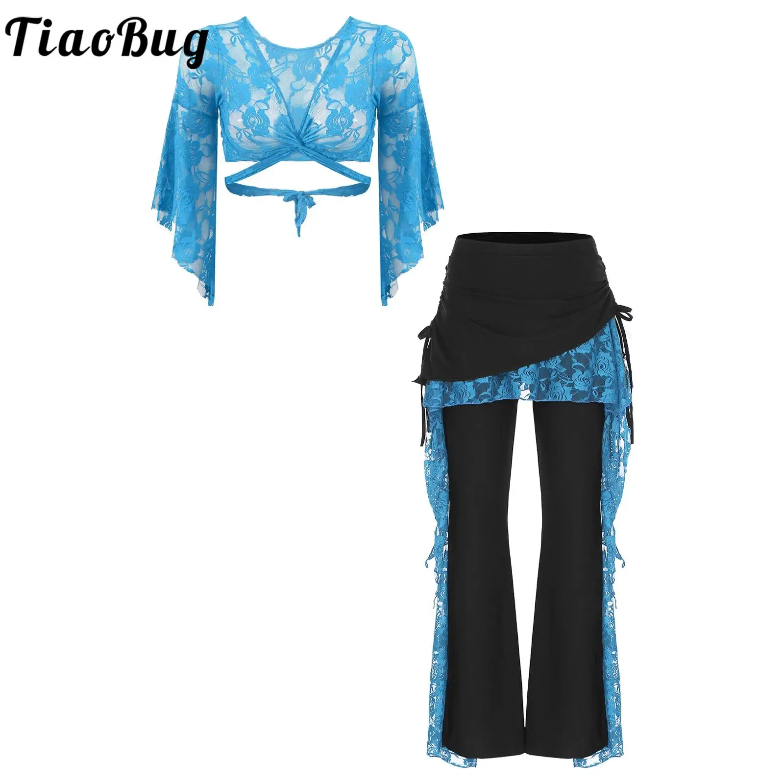 

1 Set Women Flare Sleeve Lace Shrugs Classical Dance Performance Costume Lace-up Crop Tops with Skirted Pants Belly Dance Wear