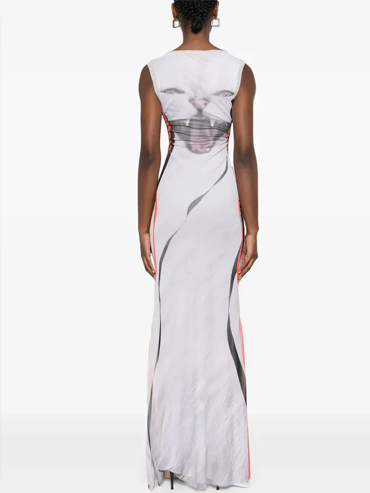 Tank Maxiชุดผู้หญิงแฟชั่นเซ็กซี่Streetwear Kittyพิมพ์O-คอผอมยาวVestidos RobeหญิงสบายๆSlim