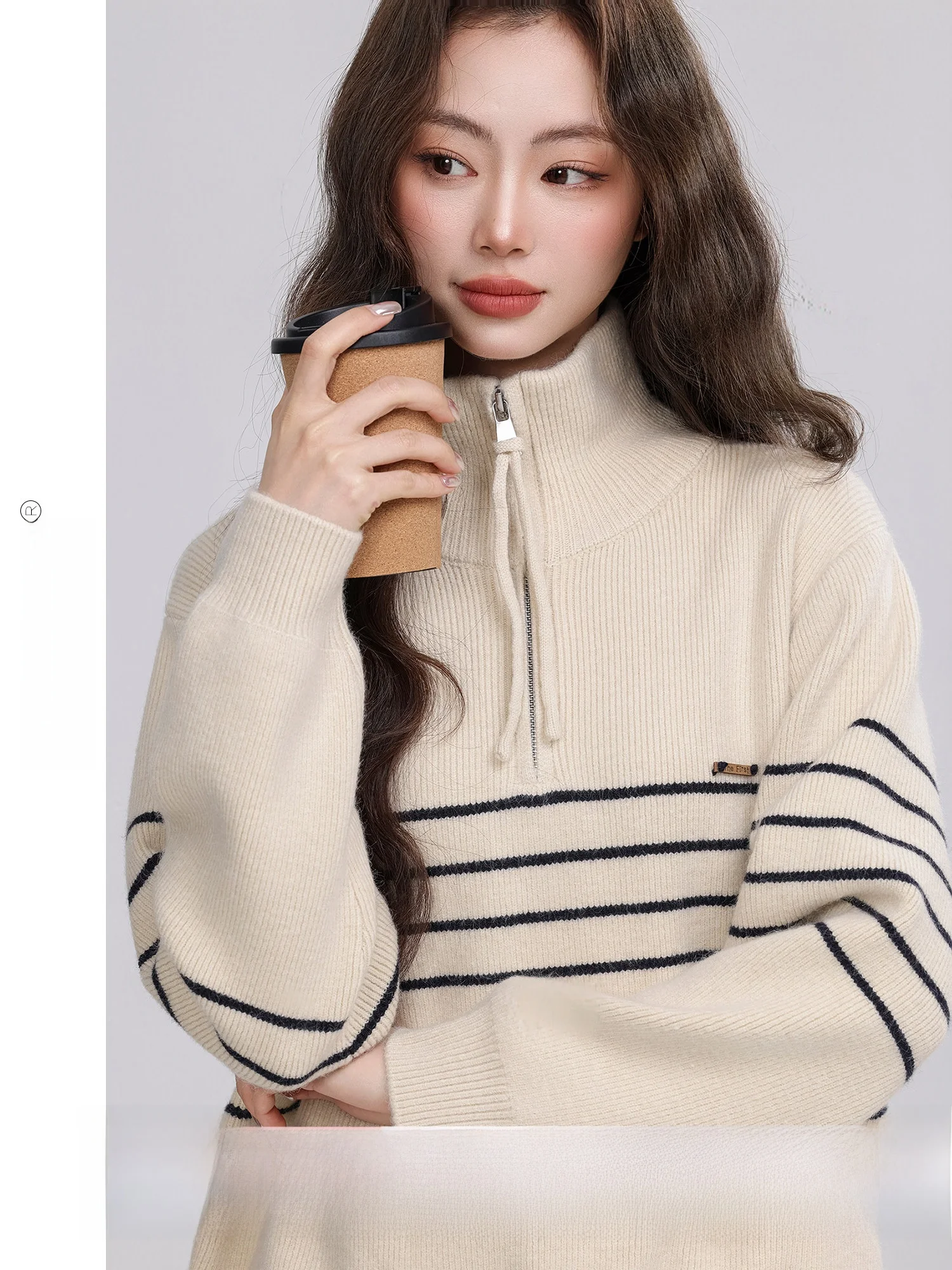 

Daisy Witch Winter High Collar Striped Loose Women's Sweater Half Zipper Commute Top Warm Retro Style Long Sleeve Regular Fit