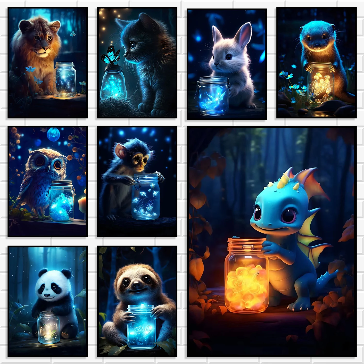 Fantasy Animal Wall Art Poster Magical Night Forest Creature With Glowing Jar Canvas Print Cute Picture Bedroom Playroom Decor