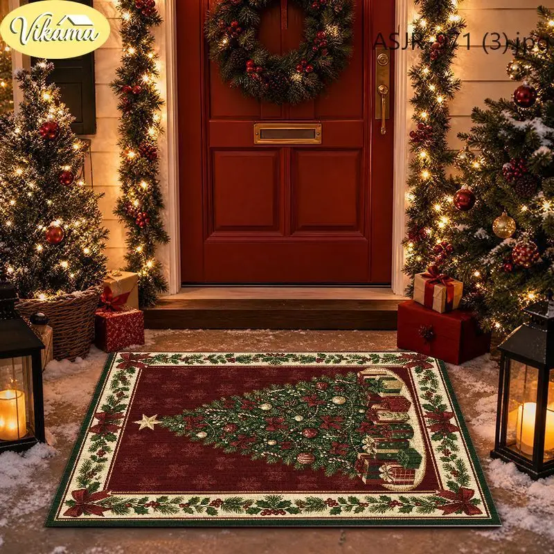 VIKAMA Christmas Living Room Area Rug Wine Red Christmas Tree Print Crystal Velvet Carpet For Home Floor Decor