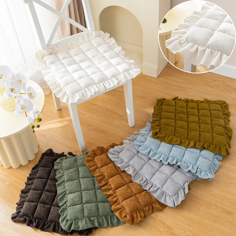 

1pc Corduroy Breathable Seat Cushion with Ruffles Chair Seat Cover Non-slip Dinner Chair Cover with A Fixed Rope Home Decoration