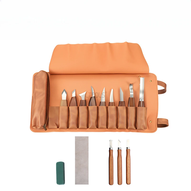 1set Wood Carving Knife Set Cowhide Roll Bag Multi Functional Wear Resistant Woodworking Professional Carving DIY Knife Tool