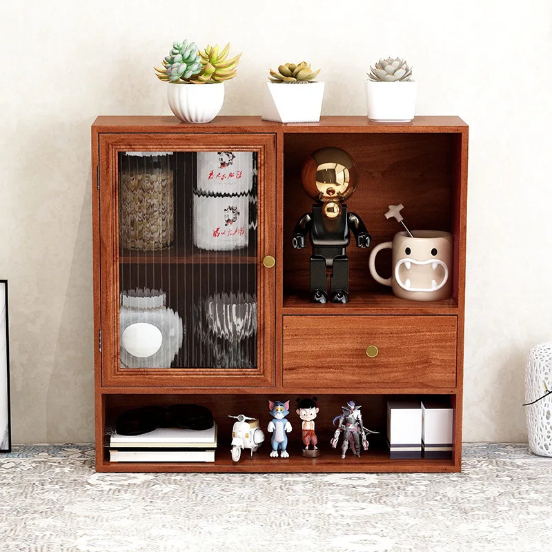

Vintage Wooden Storage Box Desktop Storage Organizer with Drawers Grid Tea Set Shelf Glass Door Cabinet Display Rack