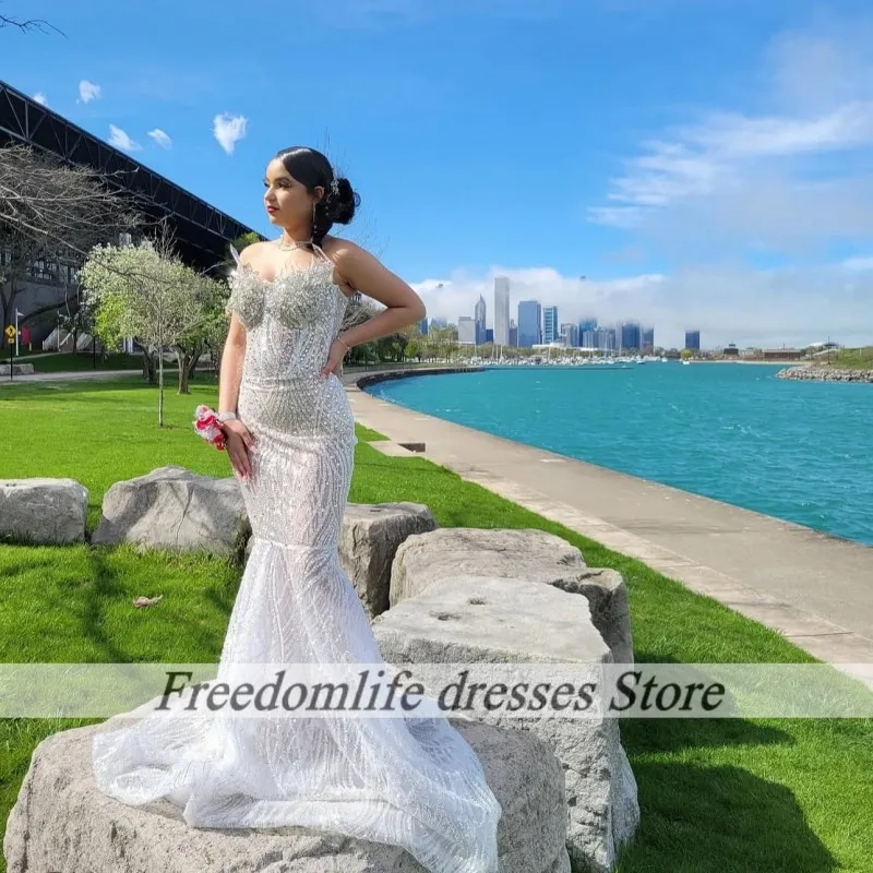 Robes de soirée blanches élégantes, sans manches, sans bretelles, style sirène, robes de bal pour femmes, paillettes, cristal, robe de soirée de mariage, Gala, sur mesure