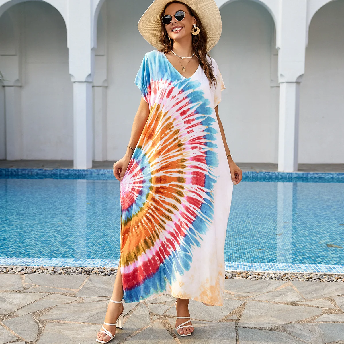 Multicolored Kaftan Bohemian Printed Bikini Cover Up V-neck Batwing Short Sleeve Maxi Dress Women Beachwear Beach Dress Robe