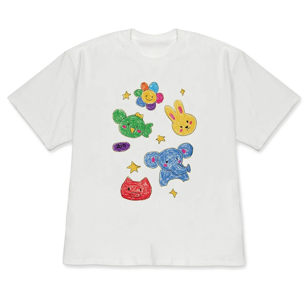 Cute Korean Fashion Crayon Zoo Print Tee Versatile Short Sleeve Women Colorful Hand Drawn Animals Crew Neck Minimalist Loose Tee