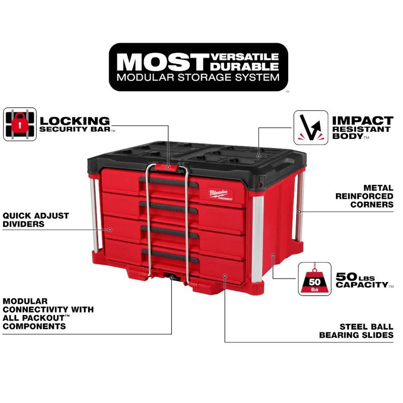 Milwaukee 48-22-8444 Packout 4 Drawer Durable Large Tool Box Eavy Storage Case Tool Accessories