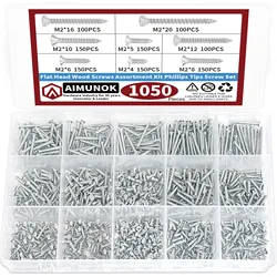 Cabeça chata Madeira Parafusos Variedade Kit, M2 Metric Metal Parafuso, Rosca Móveis Parafuso Set, Dicas Phillips, 1050Pcs