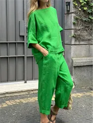 Fashion Cotton Linen Women Suit Casual Half Sleeve O Neck Top And Loose Pocket Pants 2 Piece Set 2025 Spring Summer Sets Female