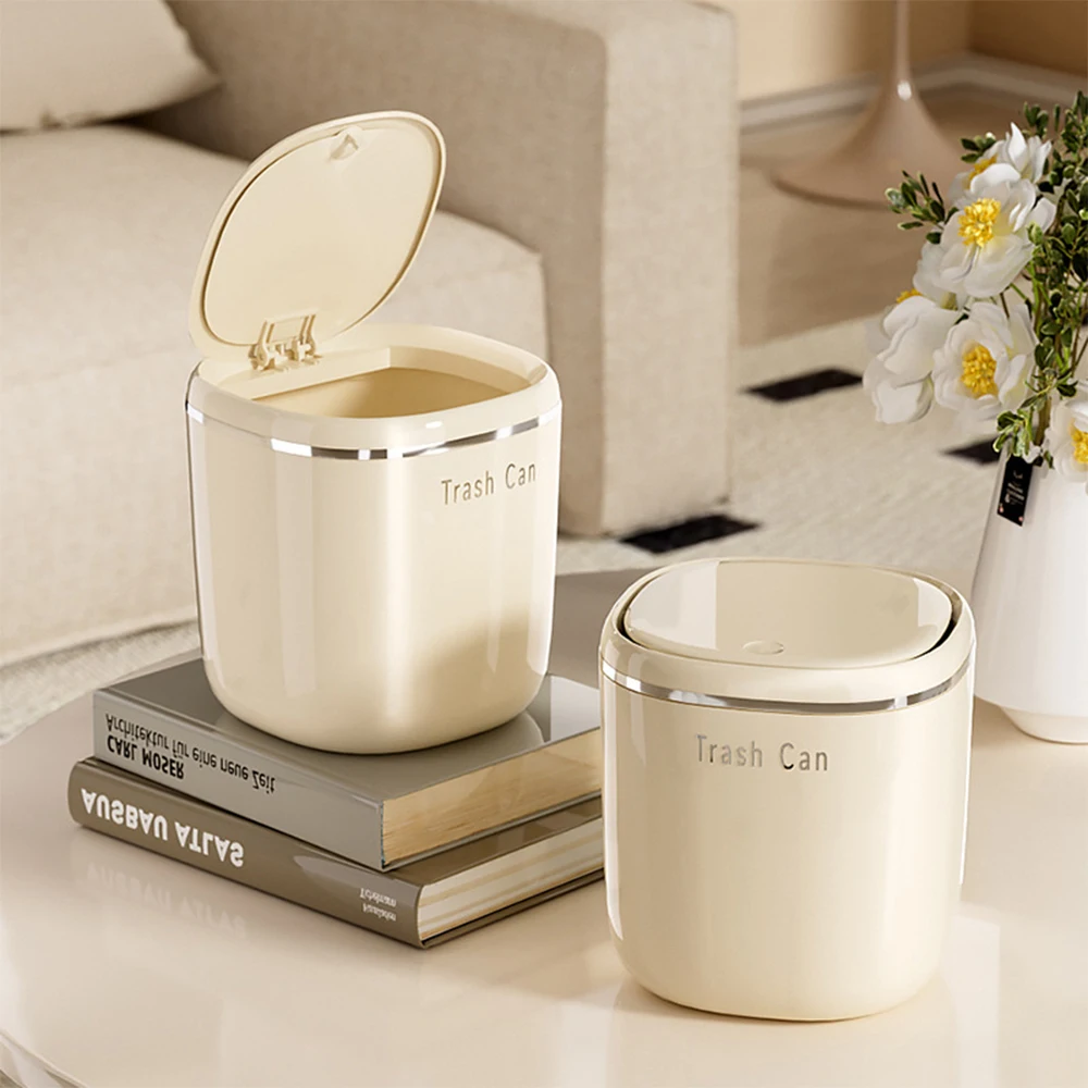 Light Luxury Wastebasket Mini Press Trash Can with Lid Tiny Countertop Waste Bins Office Small Table Top Plastic Garbage Can