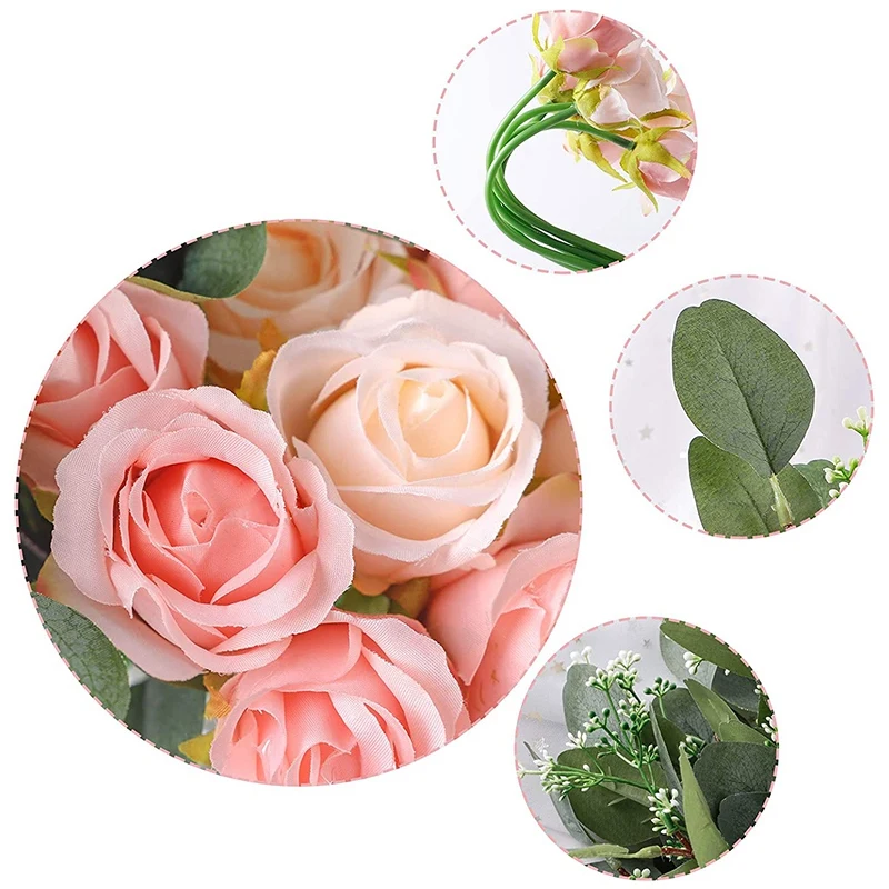 17Pcs Artificial Rose Flowers, 12 Silk Flowers Rose And 5 Artificial Eucalyptus Leaves Stems In Bulk, For Wedding Party