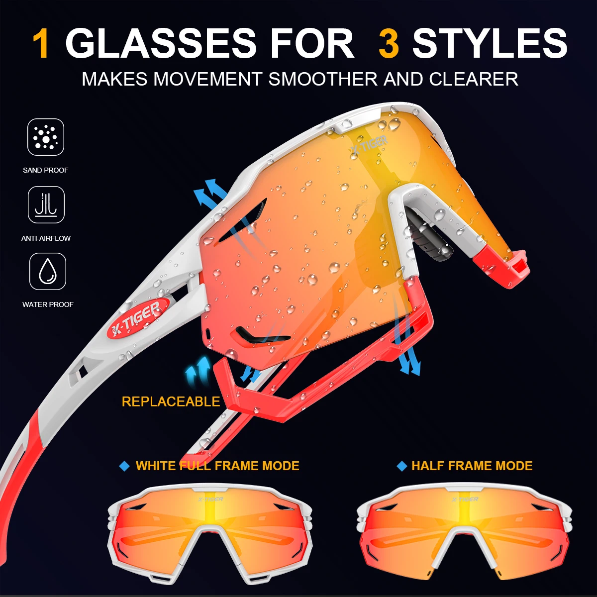 X-TIGER 3 Lens Cycling Sunglasses UV400 Protect Cycling Glasses Sports Polarized Men Bicycle Sunglasses MTB Racing Bike Glasses