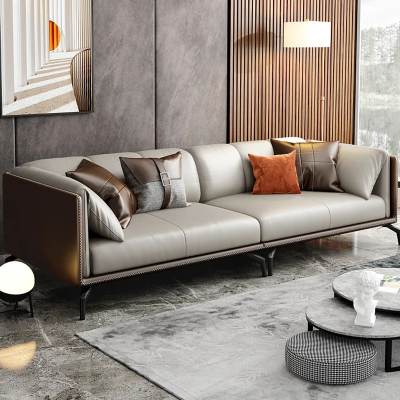 

Italian Minimalist Leather Sofa Nordic Living Room Straight Row Three-Seat Simple Modern Office Leather Sofa