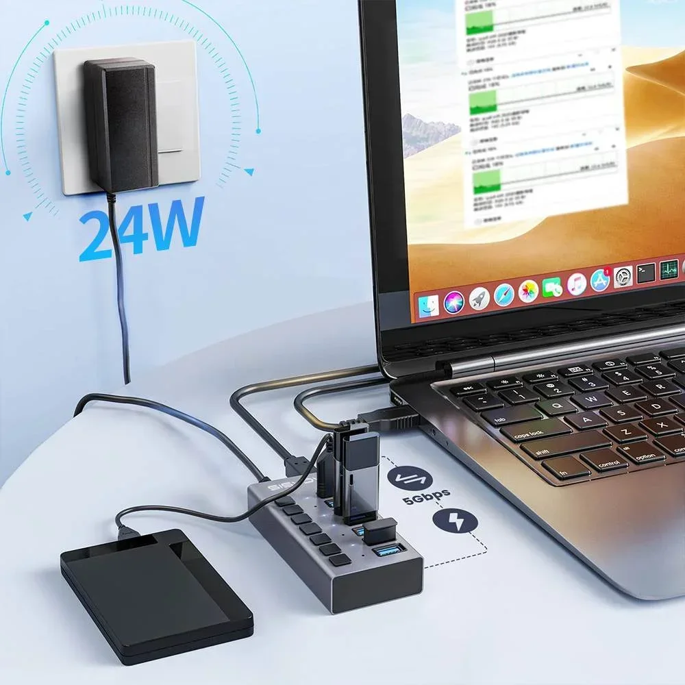 Acasis USB 3.1 10Gbps 7 Ports Splitter USB Extender Individual Switch Docking Station For Data transfer and Charging