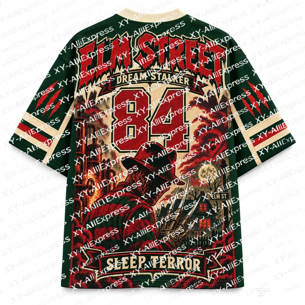 Men's Vintage Horror Mesh Hockey Jersey with Retro Monster Print, V-Neck Short Sleeve, Printed Loose Street-Style Sports T-Shirt