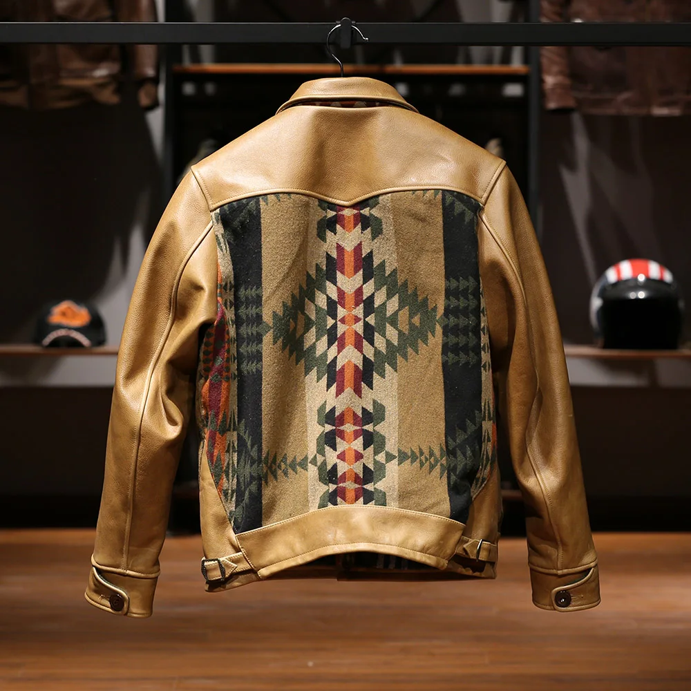 

NV370 RockCanRoll Super Quality Coat Genuine Cow Leather & Wool Cowhide Stylish Durable Navajo Jacket