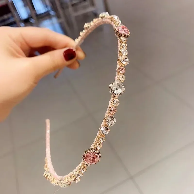 

2 Retro Style Gem Headbands For Women Girl Diamond Rhinestone Woman Hair Accessori Geometric Thin Pink Hairbands QH105