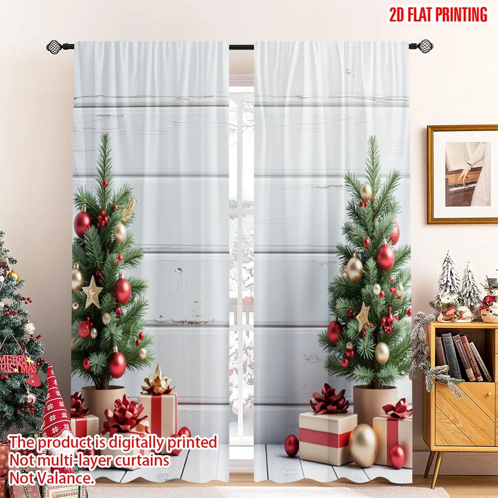 

2pcs 2D flat printing Christmas Window Drapes Christmas Gifts Tree Stars 100% Polyester Without Electricity Holiday Decorations