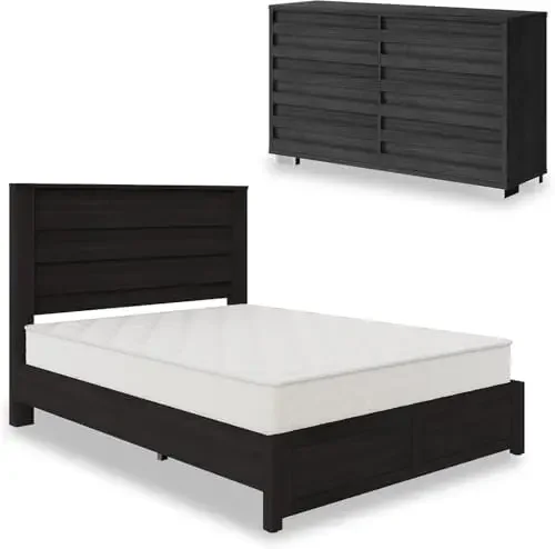 2-Piece Farmhouse Bedroom Set, Queen Size Bed Frame and 6 Drawer Dresser, Platform Bed with 49