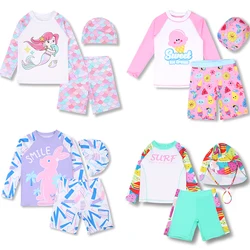 3 Pcs New Girls Swimsuit Sun Protection UPF 50+ Long Sleeves Swimming Trunks Sunsuit With Hat Split Bathing Suits Children