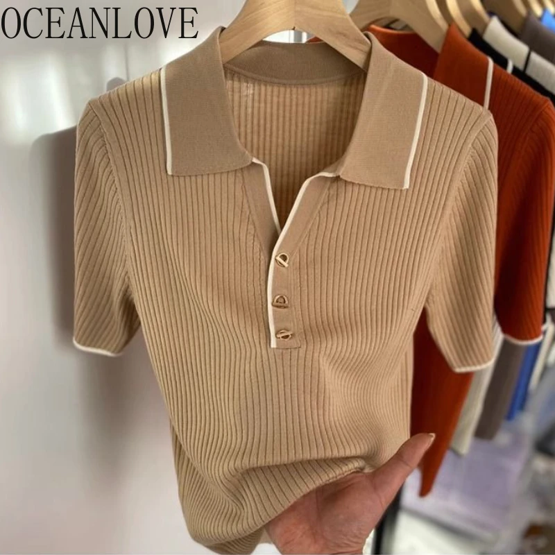 OCEANLOVE Stripes Knitted T Shirt for Women Contrast Color Vintage Spring Summer Ropa De Mujer Fashion Simple Short Tees