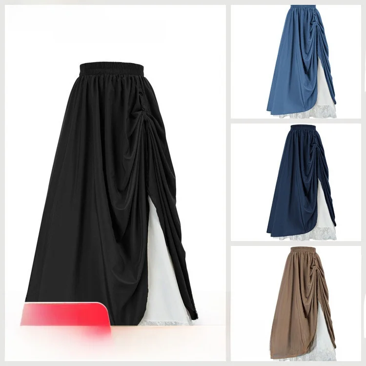 Victorian Era Double Layer Lace Trim Long Skirt Women's Vintage Style Pleated Gown Button Detail Polyester Fabric Long Dress