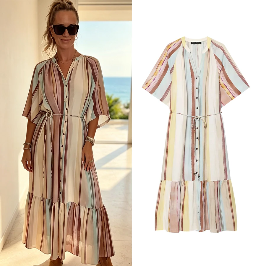 Women Vertical Stripe Shirt Dress Women Button Front Short Sleeve Drawstring Waist 2026 Summer Resort Lady Casual Vestido