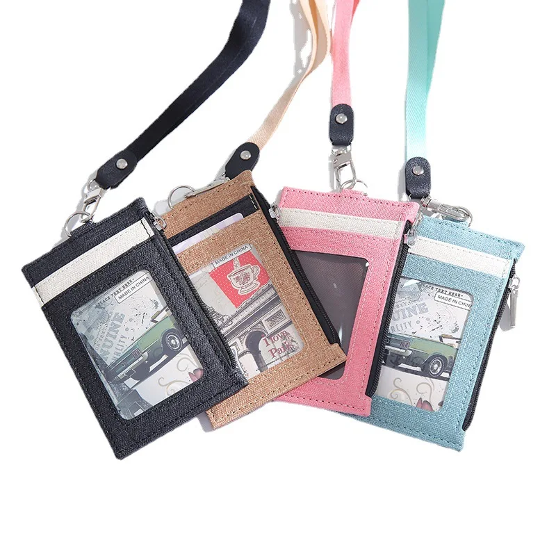 

PU Leather Wallet Identification Badge Holder with Lanyard Bus Pass Card Cover Case Name Staff Work Badge Card Sleeve Coin Bag