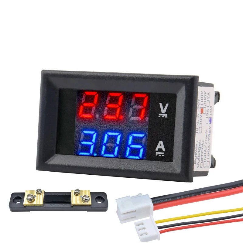 DC 100V 50A 100A Voltmeter Ammeter Blue+Red LED Amp Dual Digital Volt Amp Meter 50A75mV 100A Shunt Voltmeter Car Module