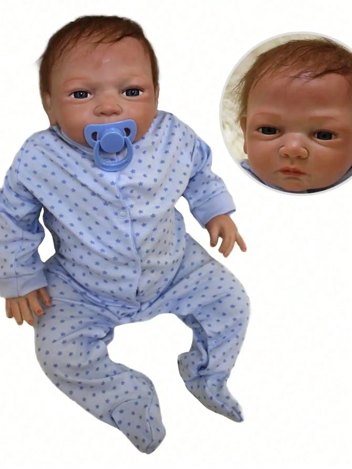 Boneca reborn bebê feita à mão de 20 polegadas: recém-nascido de vinil macio com corpo de pano, cabelo enraizado, vestido de ponto azul – brinquedo de presente perfeito