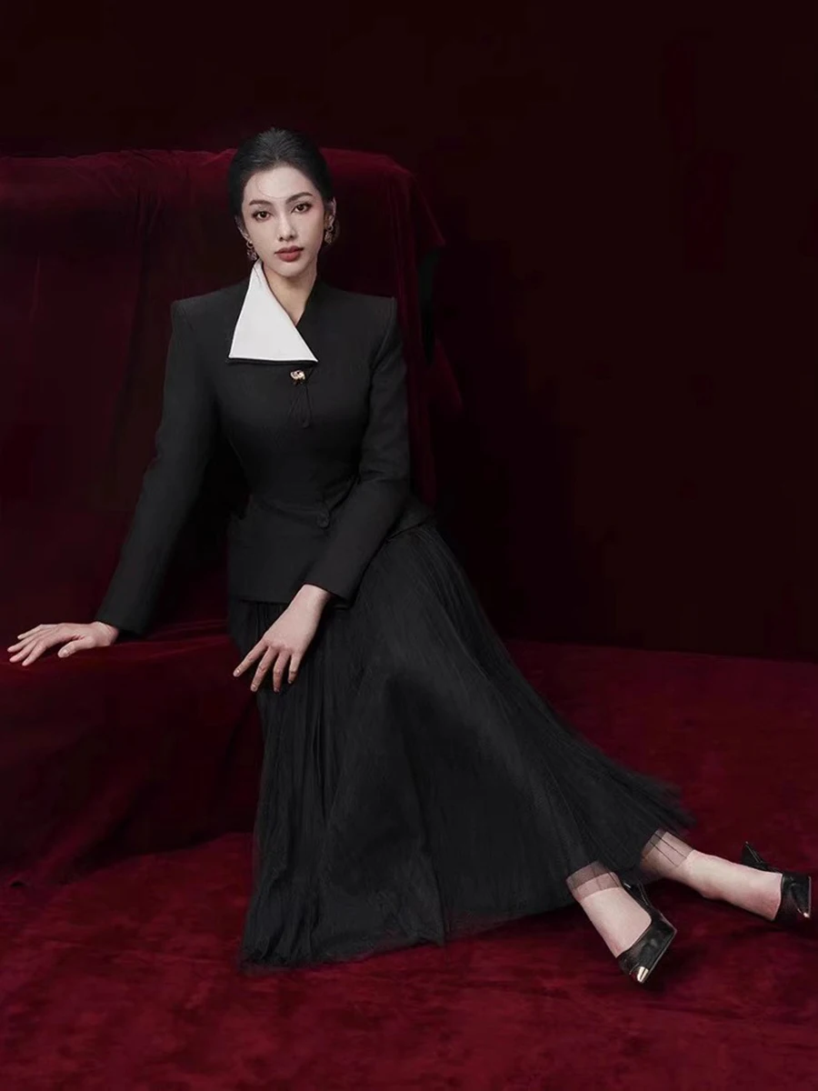VGH Elegante afslankende tweedelige sets voor vrouwen V-hals met lange mouwen Top Hoge taille Gedrapeerde chiffon rok Chique set Vrouwelijke mode Nieuw